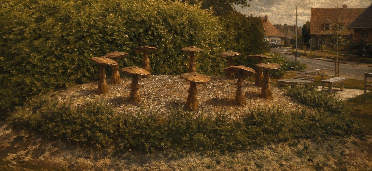 De Heksenkring op de hoek van de Wervikstraat en de Sportlaan: tien paddenstoelen, tien toveressen.